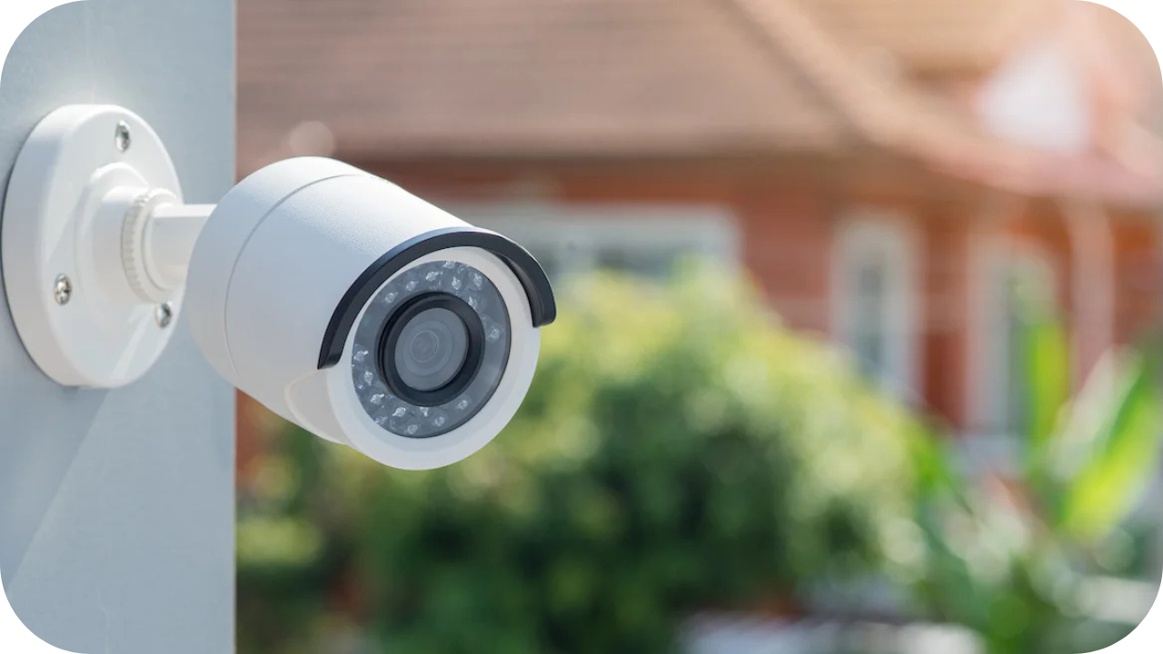 Outdoor smart home security camera mounted on wall, providing constant monitoring and protection for residential safety.
