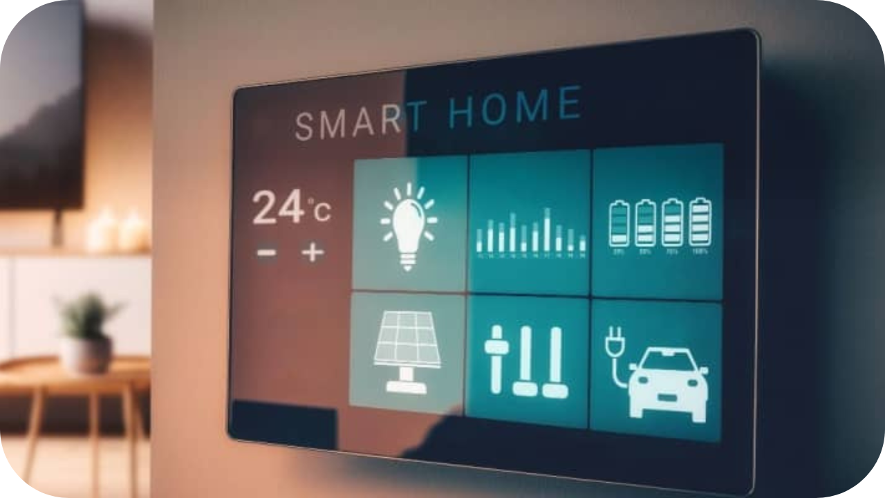 Smart home control panel showing temperature, lighting, energy, and EV charging features for modern automated living systems.