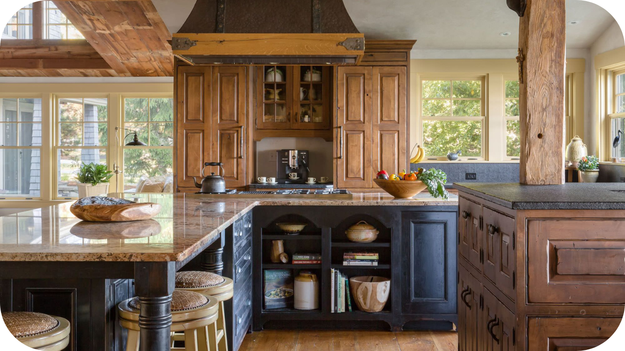 Rustic kitchen with wooden cabinets, marble countertops, and farmhouse design, styled as a backdrop for grass-fed vs grain-fed living.