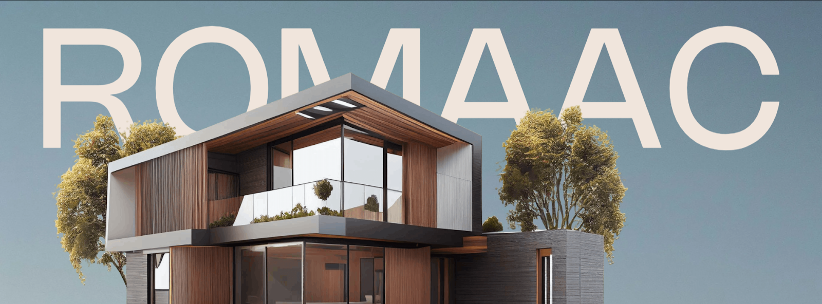 Modern custom home with timber cladding, large glass windows, and lush trees in front of bold ROMAAC branding background.