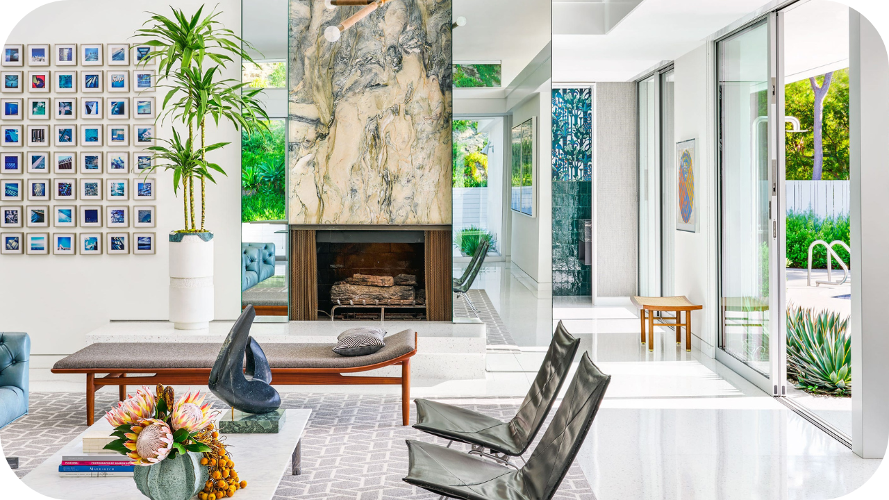 Bright mid-century modern living room with marble fireplace, glass walls, and art, styled for grass-fed vs grain-fed appeal.