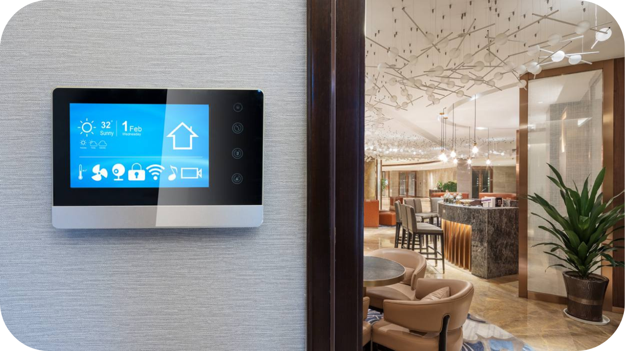 Smart home control panel mounted on the wall, managing lighting, climate, and security for a modern interior with luxury design.