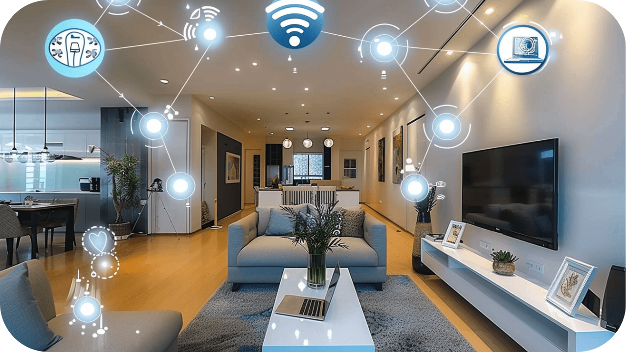 Smart home living room with connected devices, modern interior design, and integrated automation for comfort and convenience