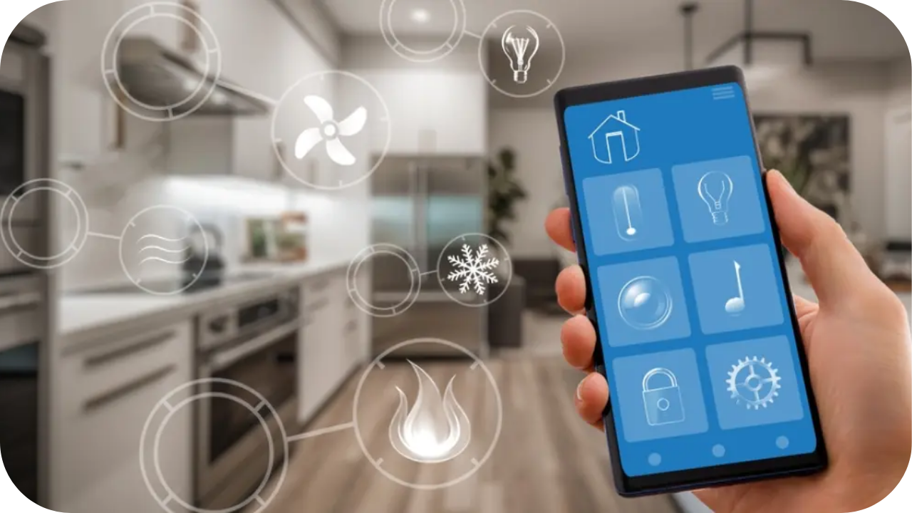 Hand holding smartphone with smart home app interface to control lighting, heating, and appliances in a modern kitchen