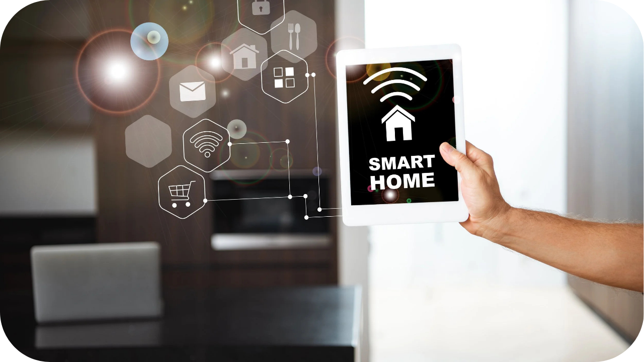 Person holding a tablet with smart home app interface for connected living technology