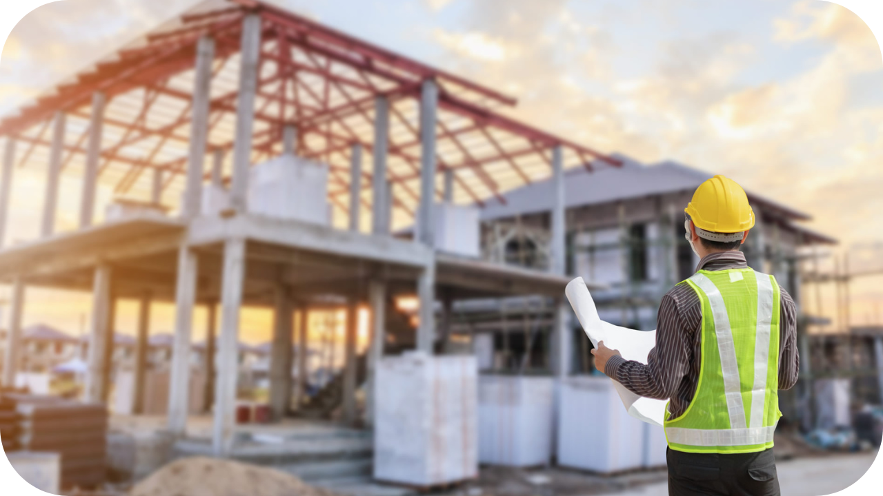 Construction site with a worker in a safety vest and helmet reviewing building plans in front of a concrete structure.
