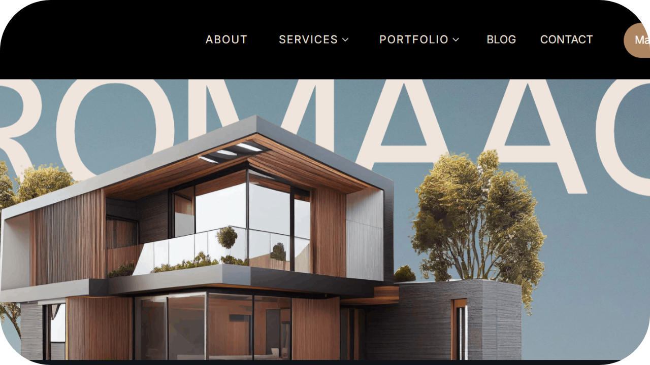 Romaac Group website banner showing a modern two-storey house with glass, wood cladding, and landscaped exterior.