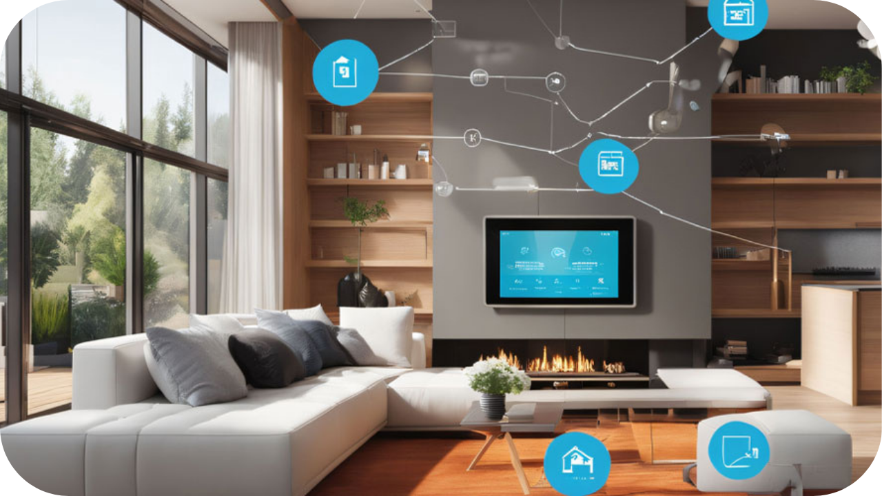 Modern living room with a smart home system, featuring a wall-mounted screen above a fireplace, large windows, sleek furniture, and digital icons representing connected devices and automation.