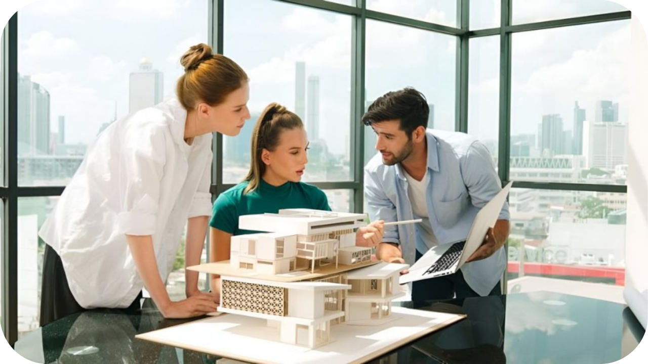 Team of professionals discussing a building model and pre-construction plans in a bright office overlooking the city skyline.