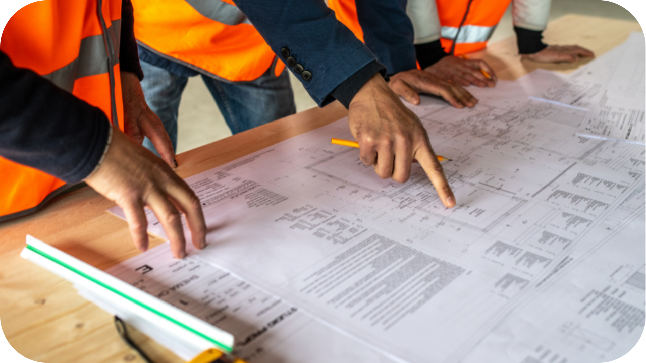 Close-up of engineers and builders in safety vests pointing at detailed construction blueprints during a pre-construction planning meeting on site.