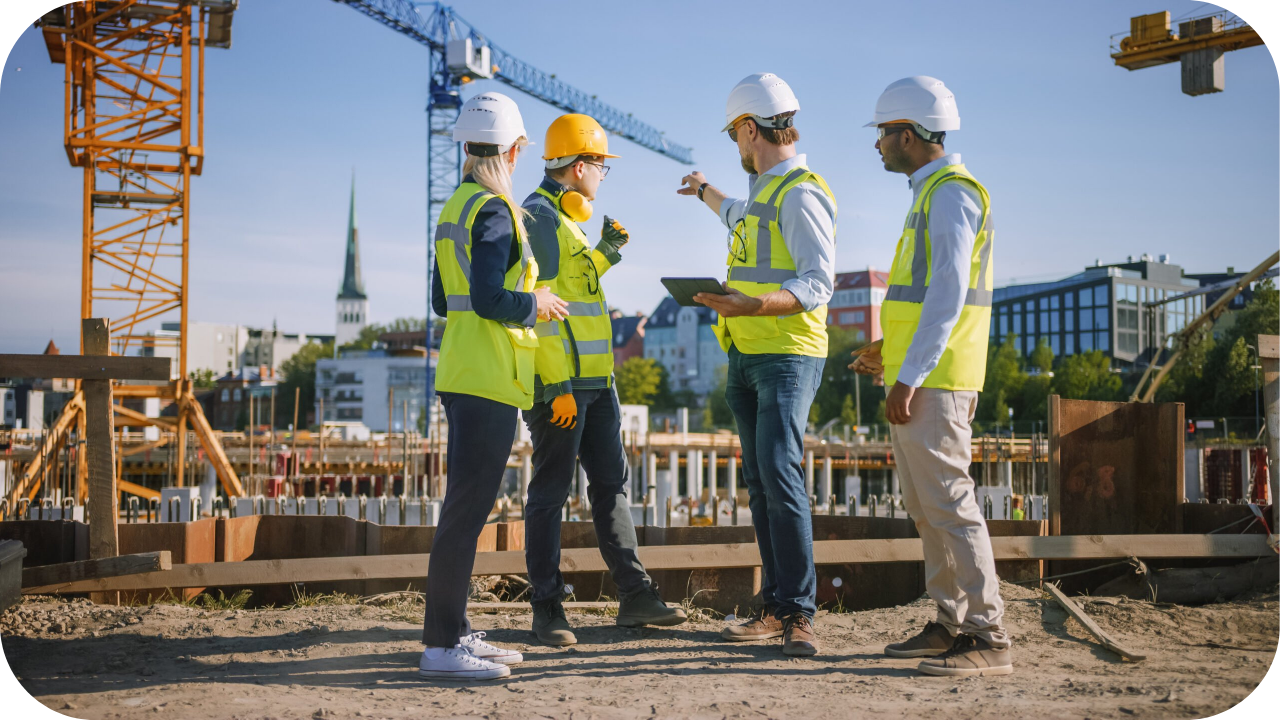 Construction managers in safety helmets and vests discussing pre-construction planning at an active building site with cranes and scaffolding in the background.
