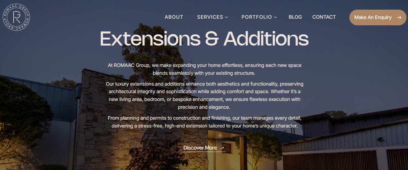 Screenshot of Romaac Group’s Extensions and Additions service page highlighting professional home extension services in Melbourne with elegant modern design.