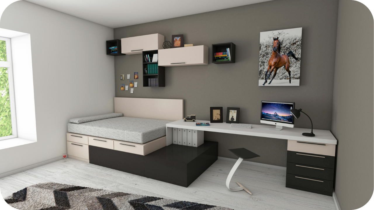 Modern bedroom with custom joinery featuring a built-in bed, study desk, and overhead storage in neutral tones.