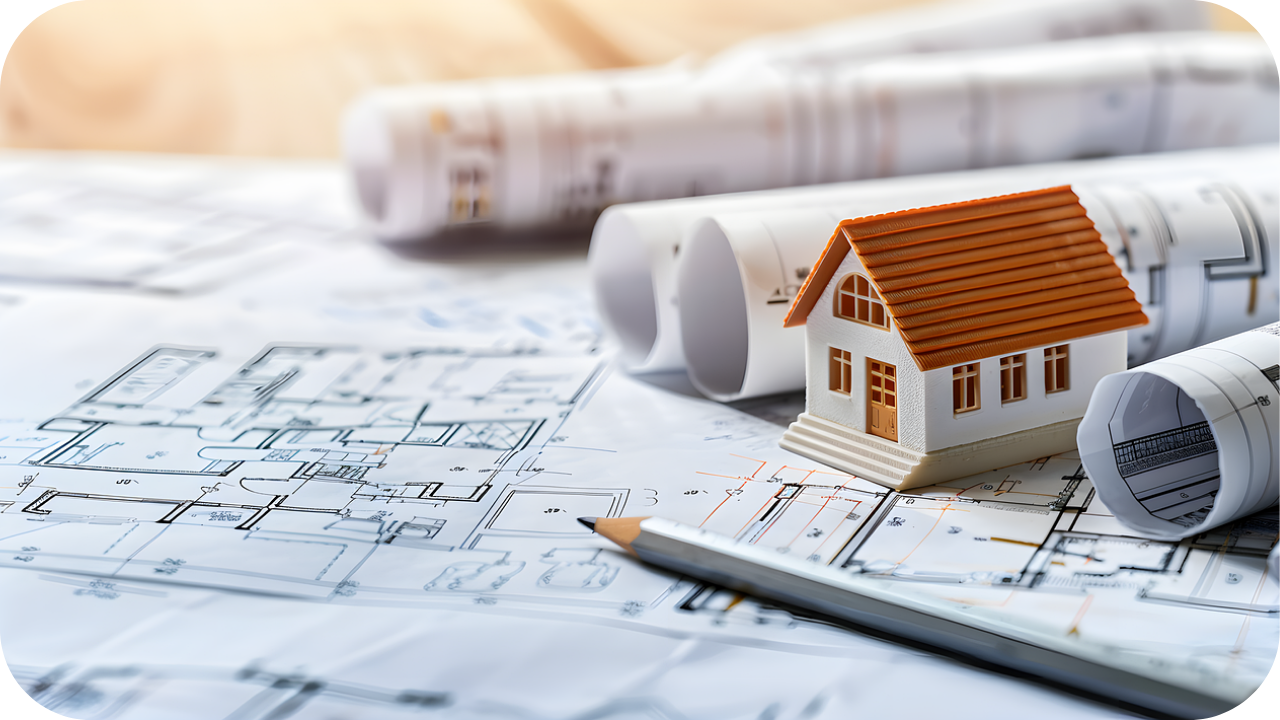 Miniature house model on architectural blueprints with rolled plans and a pencil on a wooden desk.