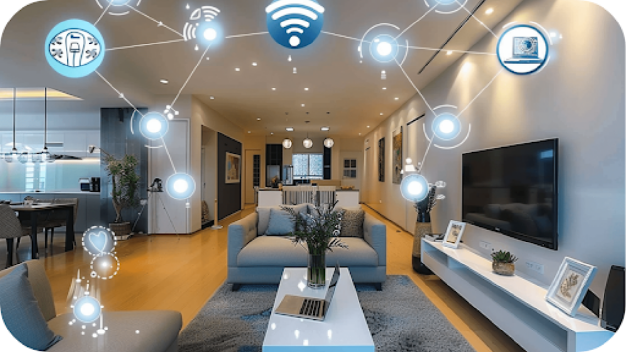 Modern living room with smart home connectivity icons showing integrated lighting, security, WiFi, and automation features working together across the home