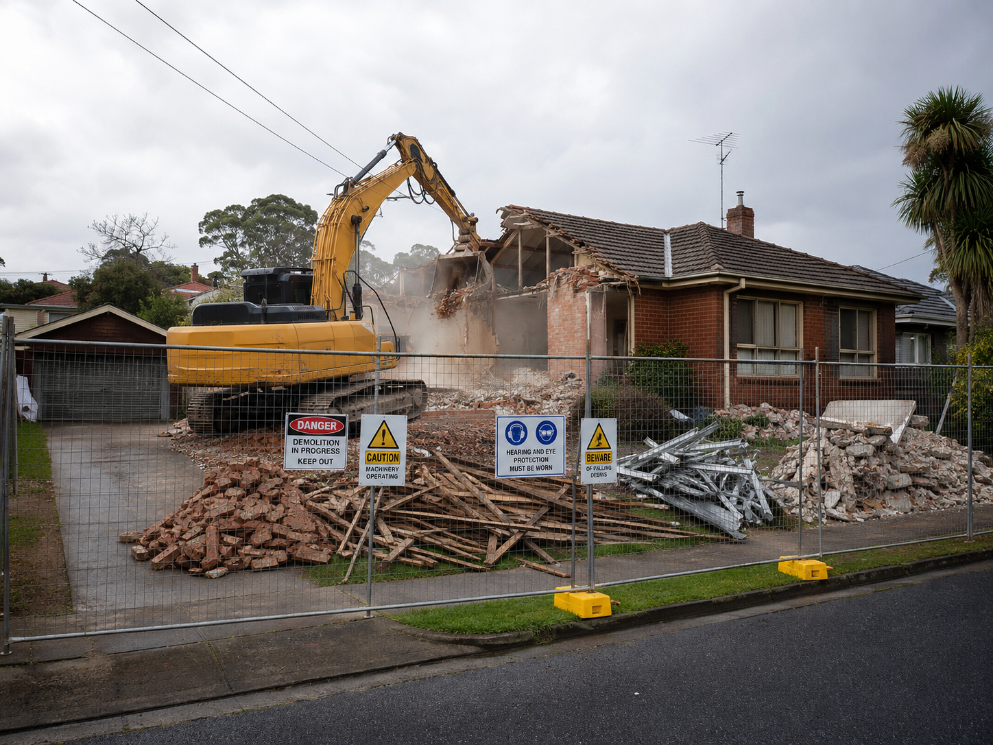 Excavator demolishing a house during a Melbourne knock down rebuild
