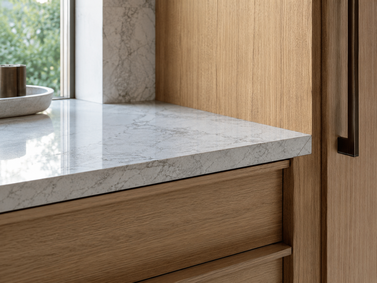 Made-to-measure timber joinery and marble benchtop in a Melbourne custom home