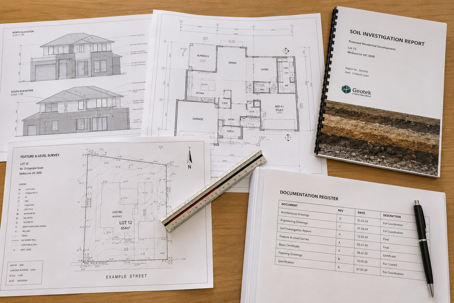 Architectural drawings, site survey and soil report for a Melbourne custom home build