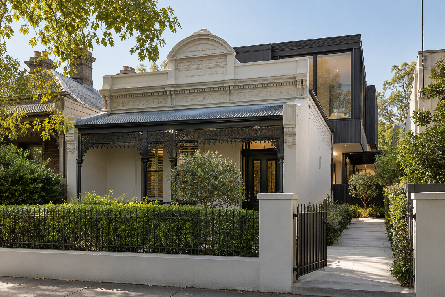 Retained heritage facade with new construction behind on a Melbourne block