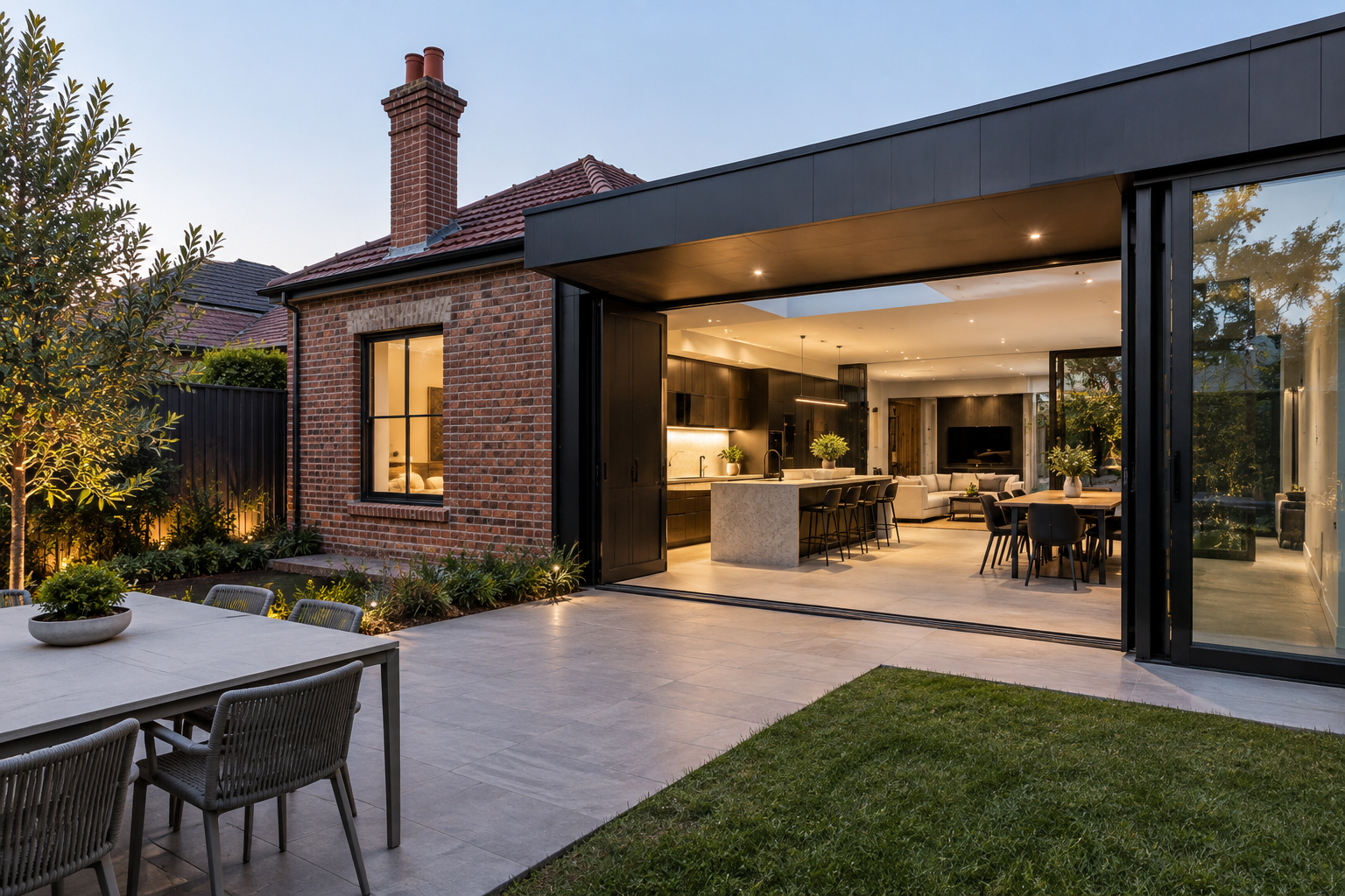 Contemporary rear extension added to a retained Melbourne brick home, opening to a landscaped garden and outdoor entertaining area.