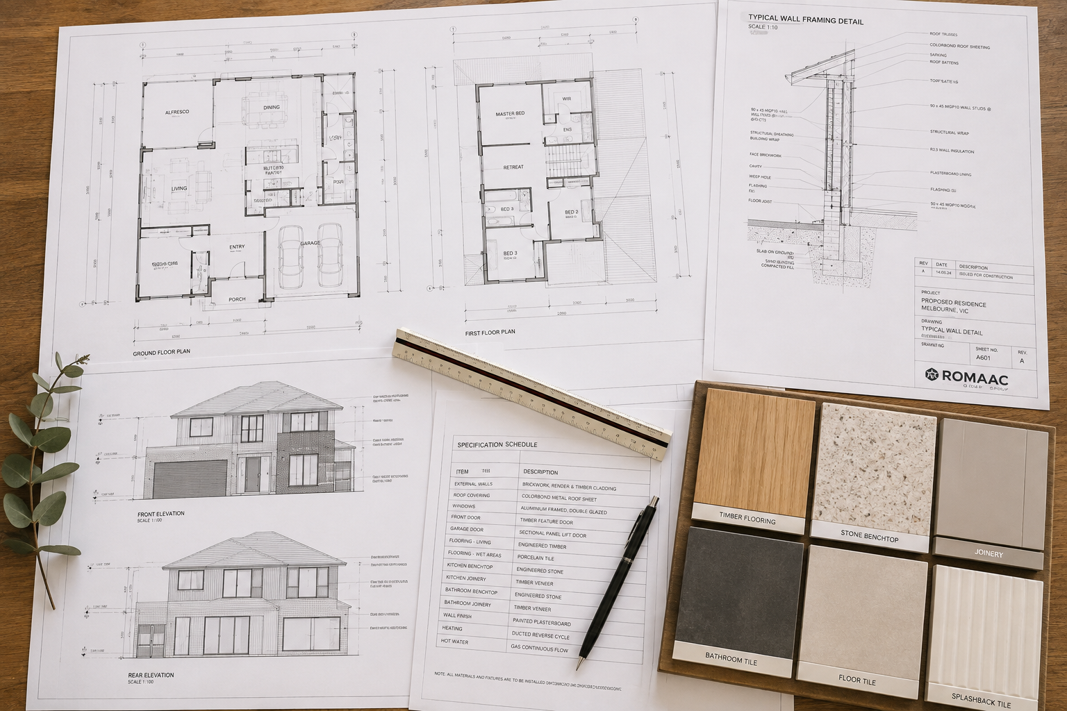 Architectural drawings and material selections for a custom Melbourne home