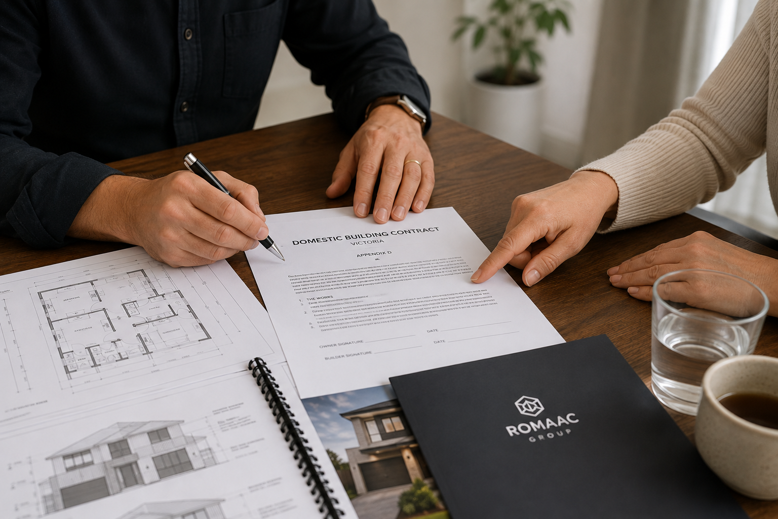 Homeowner reviewing a Victorian domestic building contract before signing