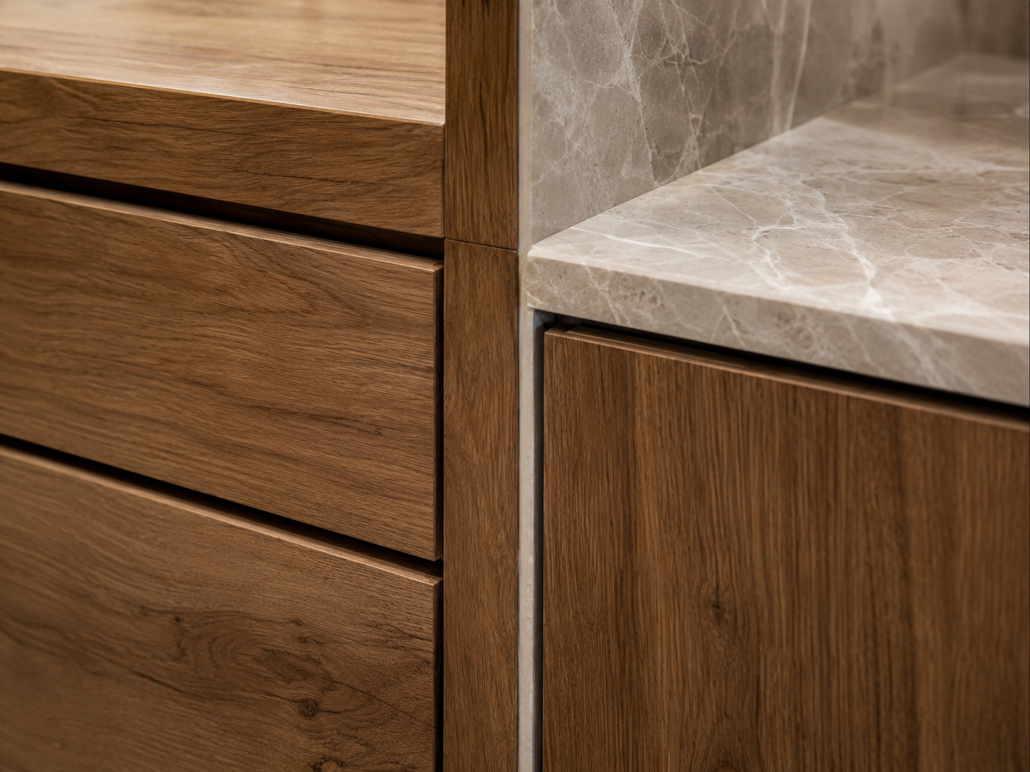 Close-up of custom joinery and stone benchtop detail in a luxury home