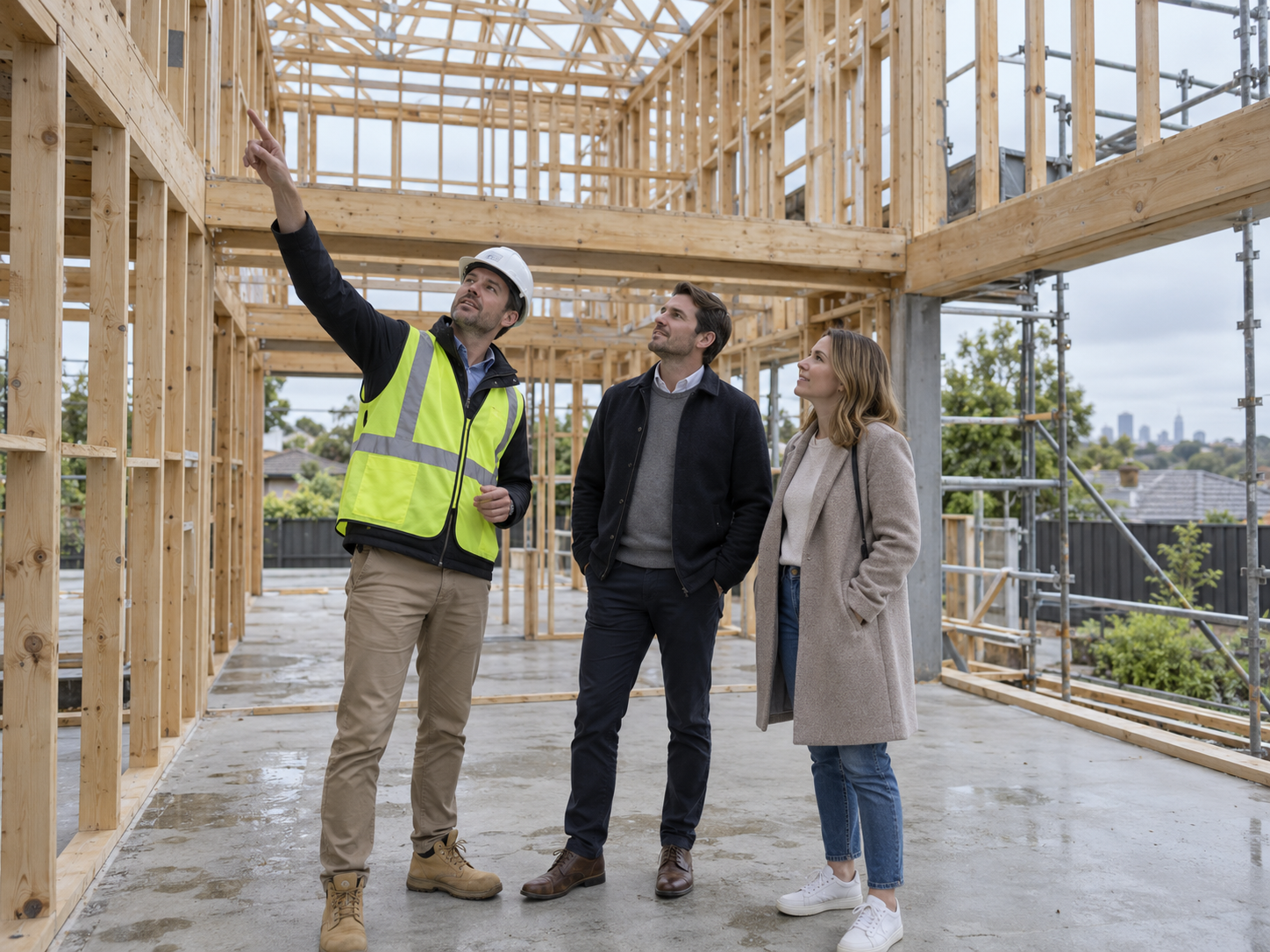 Site supervisor walking a homeowner through a Melbourne custom home build