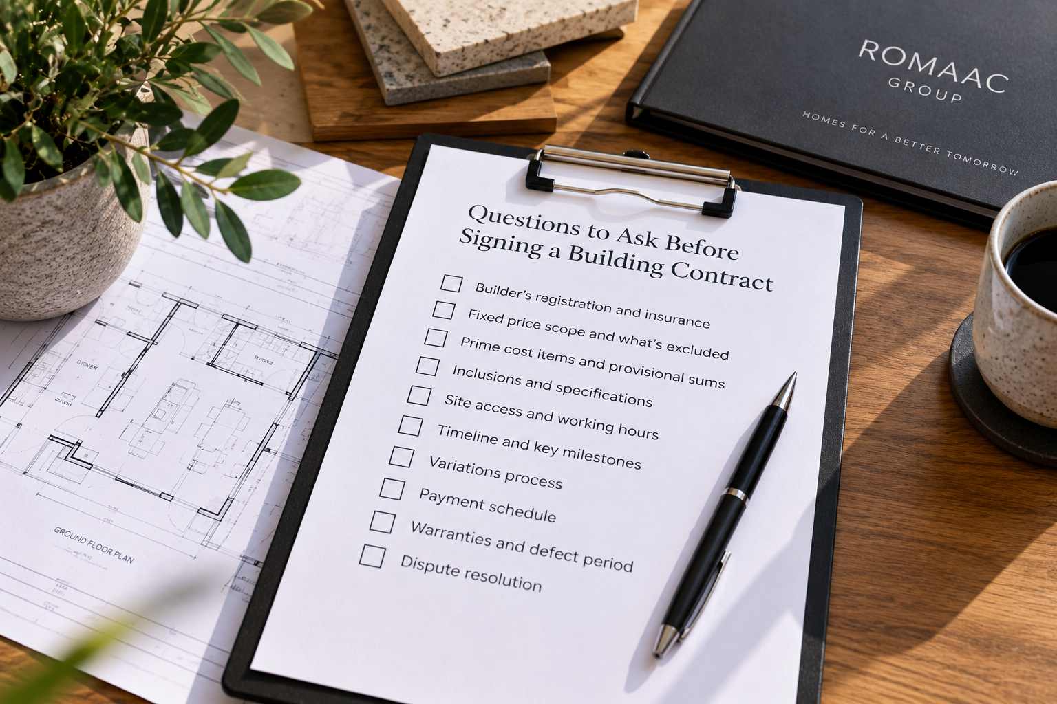 Printable one-page checklist of questions to ask a builder before signing