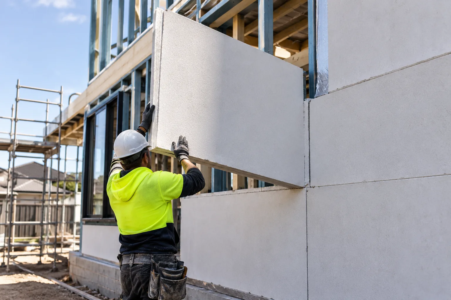 Worker installing Hebel AAC wall panels on a new Melbourne home under construction.