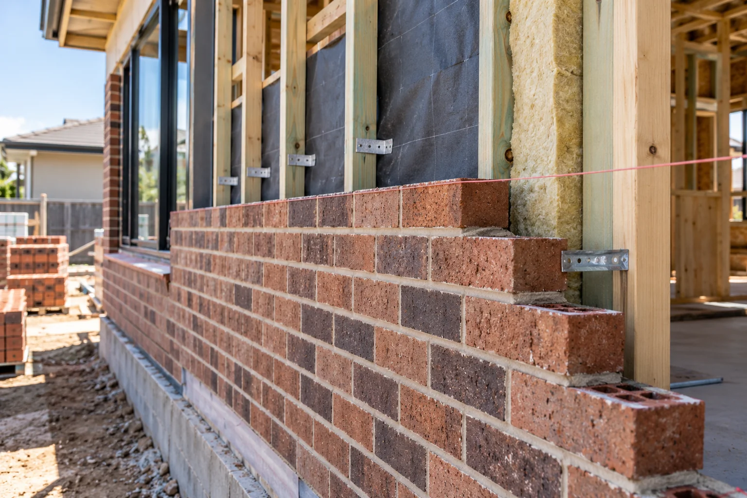 Brick veneer wall under construction showing brickwork, insulation and timber framing on a Melbourne home.
