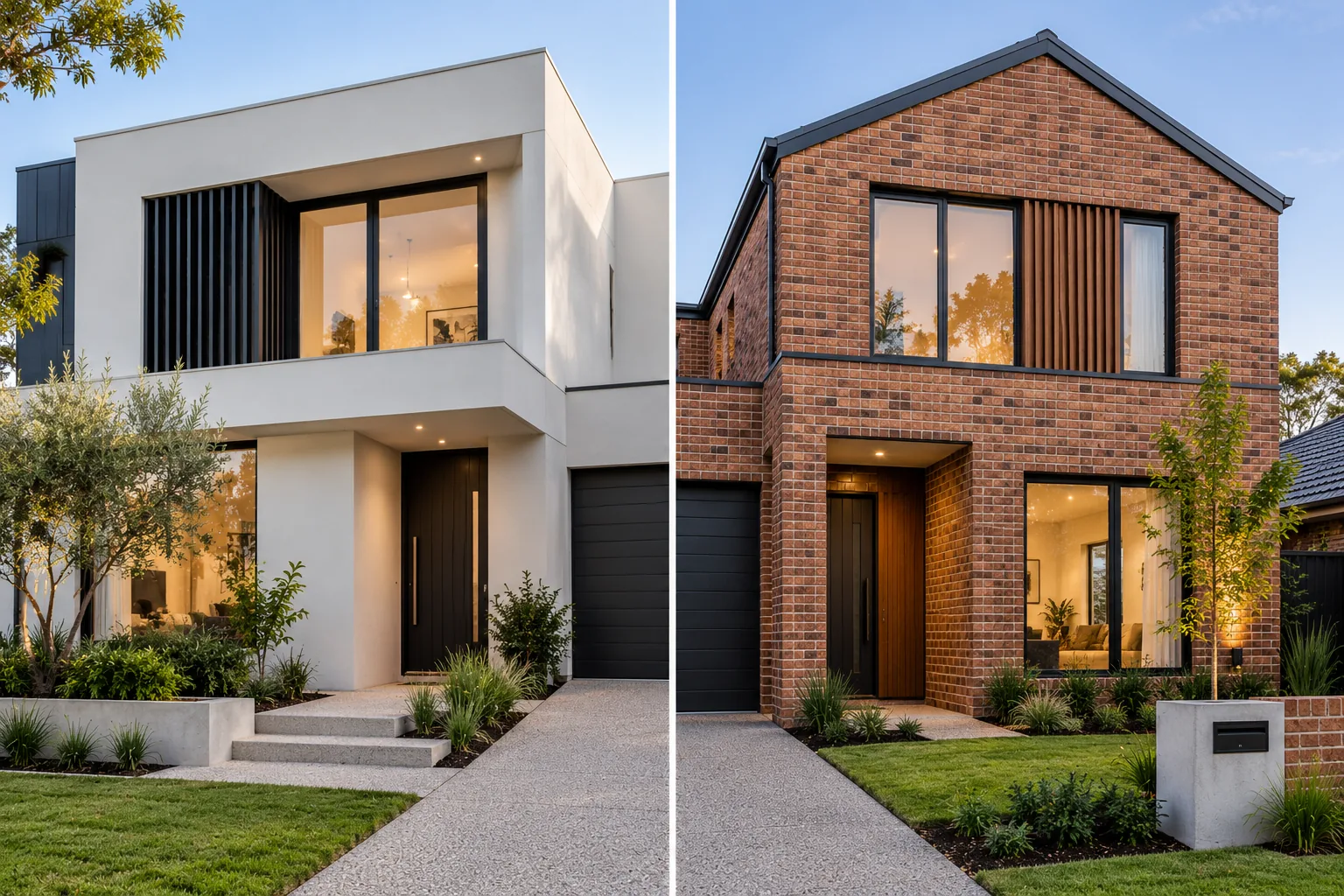 Modern Melbourne homes comparing a rendered Hebel-style facade with a traditional brick facade.