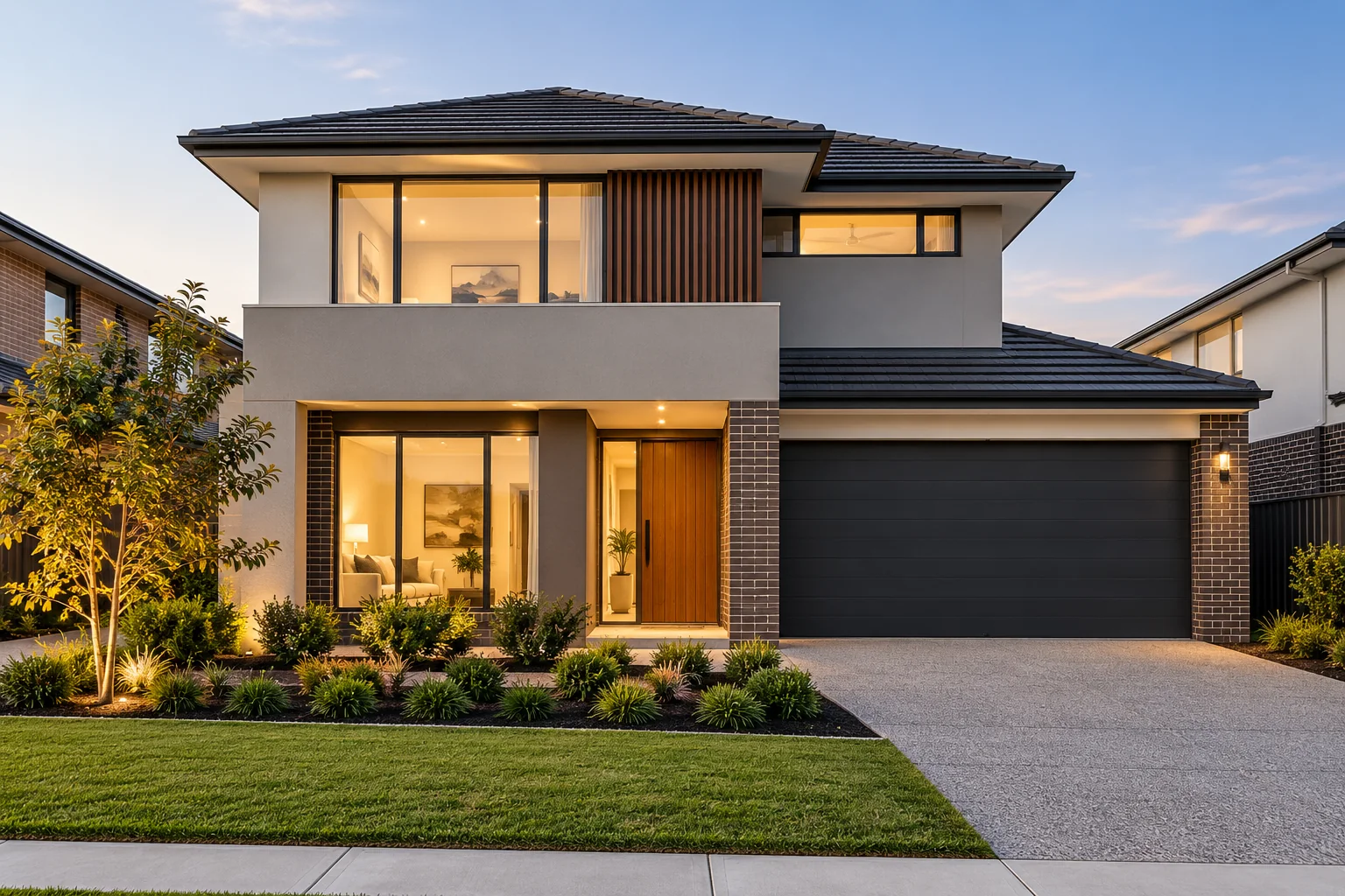 Modern pre-designed Melbourne home with a contemporary two-storey facade and landscaped front yard.