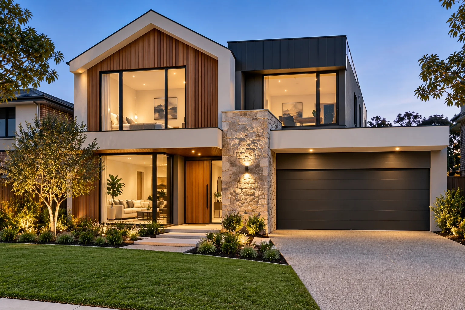Standard custom Melbourne home with a contemporary facade combining render, timber, stone and dark metal details.
