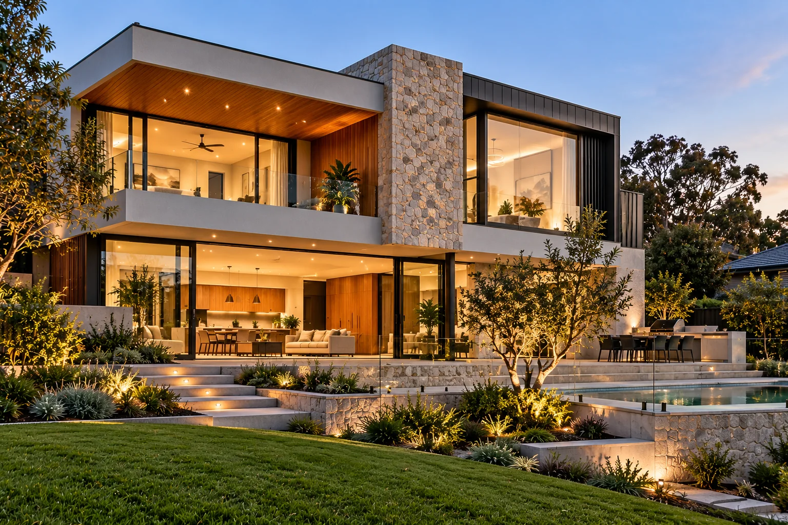 Full custom Melbourne home with bespoke architecture, stone, timber, large glazing and landscaped outdoor living areas.