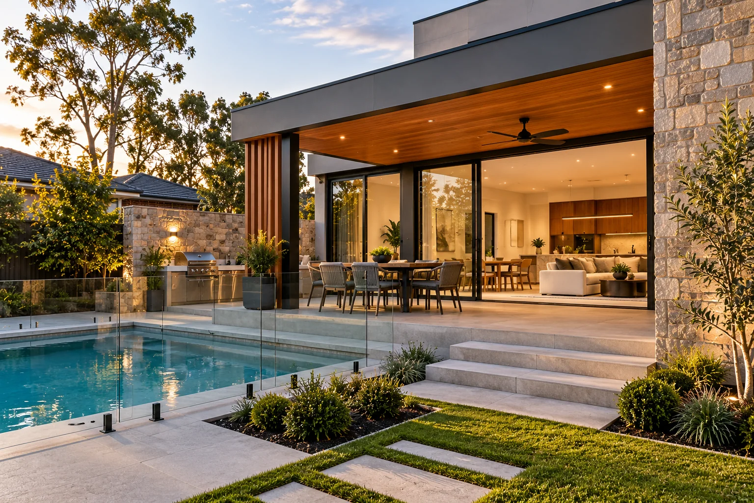 Custom Melbourne home with integrated outdoor living, pool, stonework and open-plan interiors.