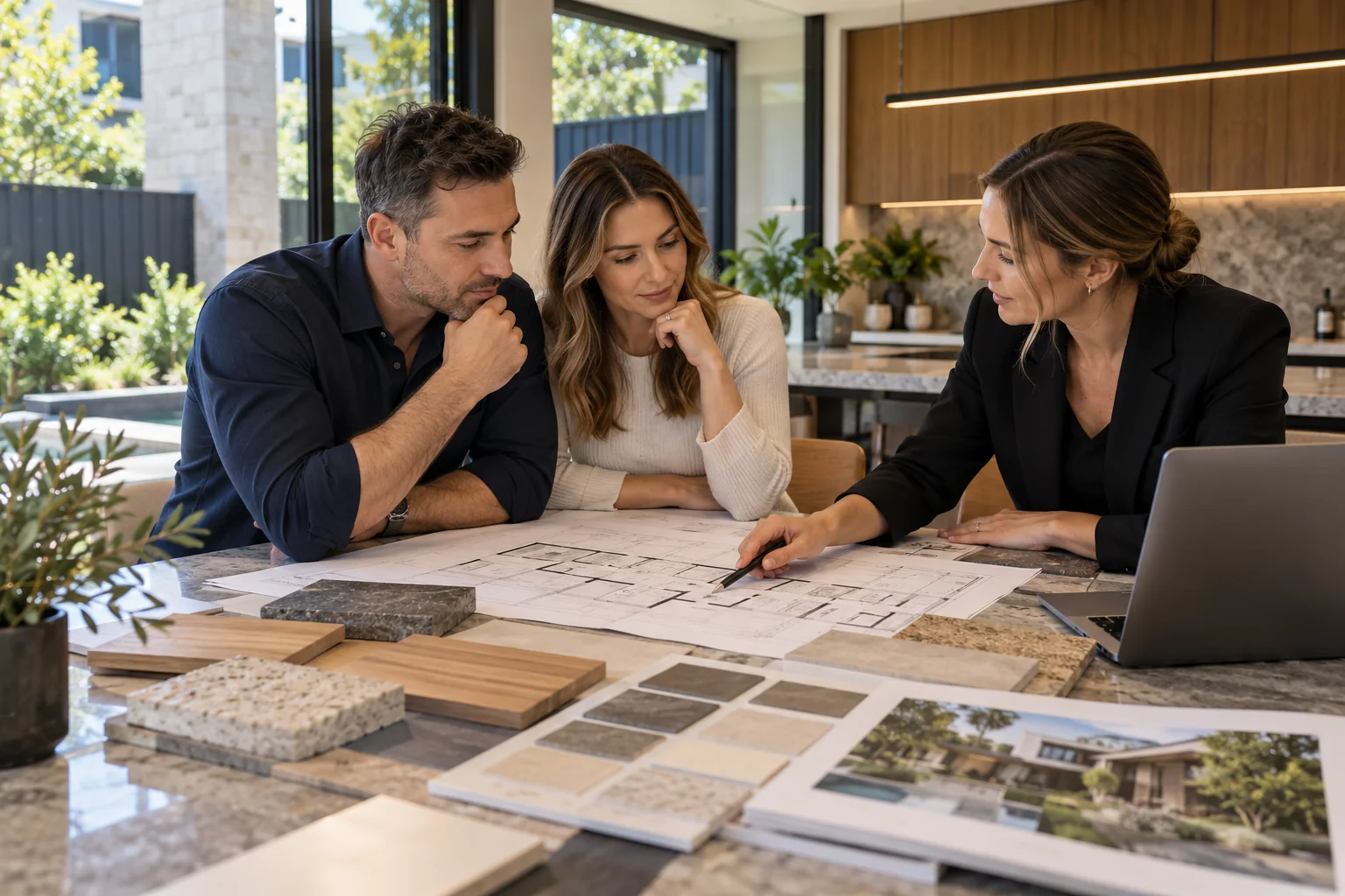 Homeowners reviewing custom home plans and material samples with a designer in Melbourne.