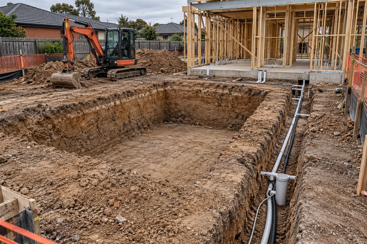 Plunge pool excavation open in the backyard of a Melbourne home under construction, with service trenches alongside.