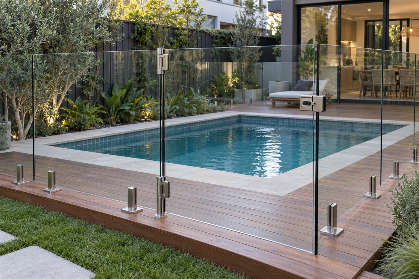 Frameless glass pool barrier with a self-closing gate around a plunge pool in a Melbourne backyard.