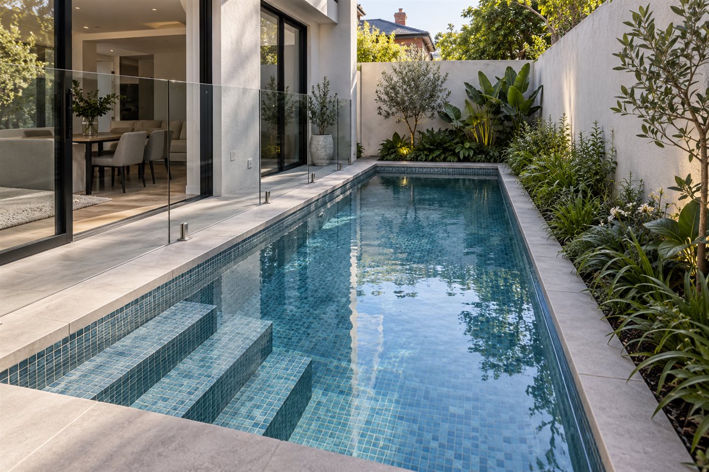 Compact rectangular plunge pool in a narrow Melbourne courtyard beside the rear of a house.