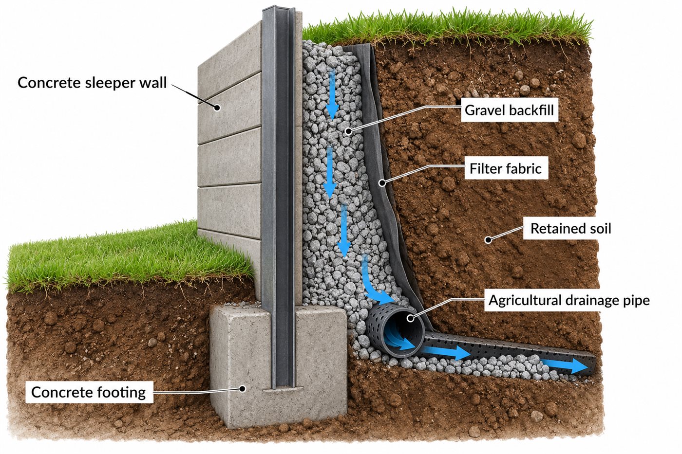 Cross-section diagram of a retaining wall showing agricultural pipe, gravel backfill and filter fabric.