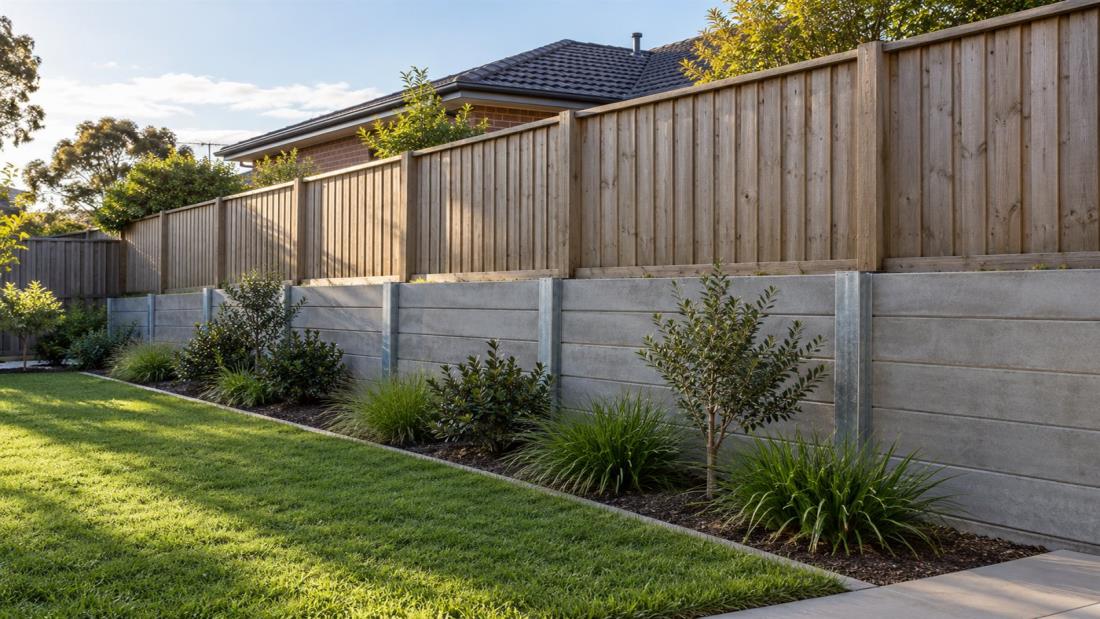 Concrete sleeper retaining wall along a side boundary with a timber fence on top in a Melbourne backyard.