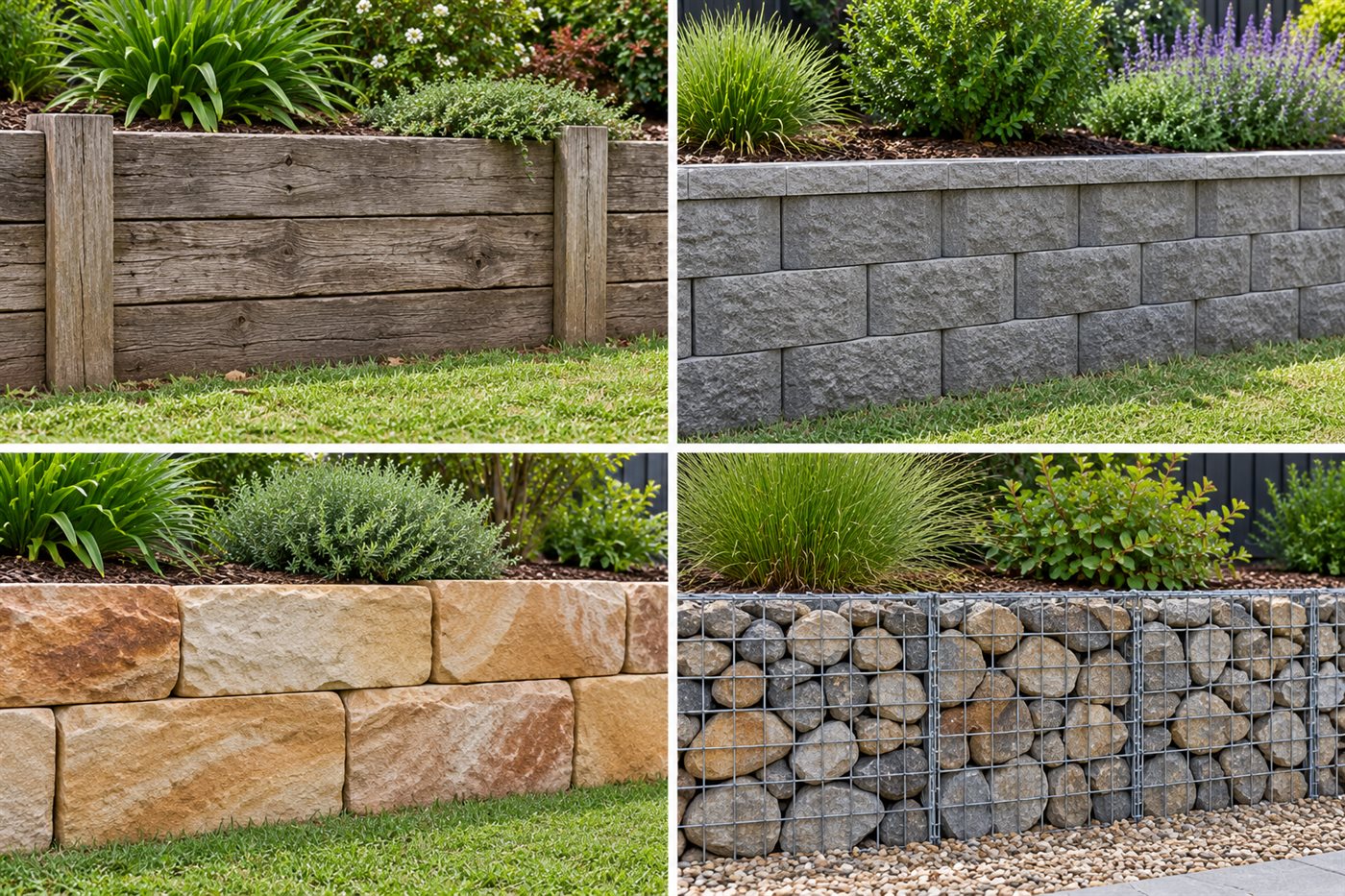 Four retaining wall materials side by side: timber sleeper, concrete block, sandstone and gabion.
