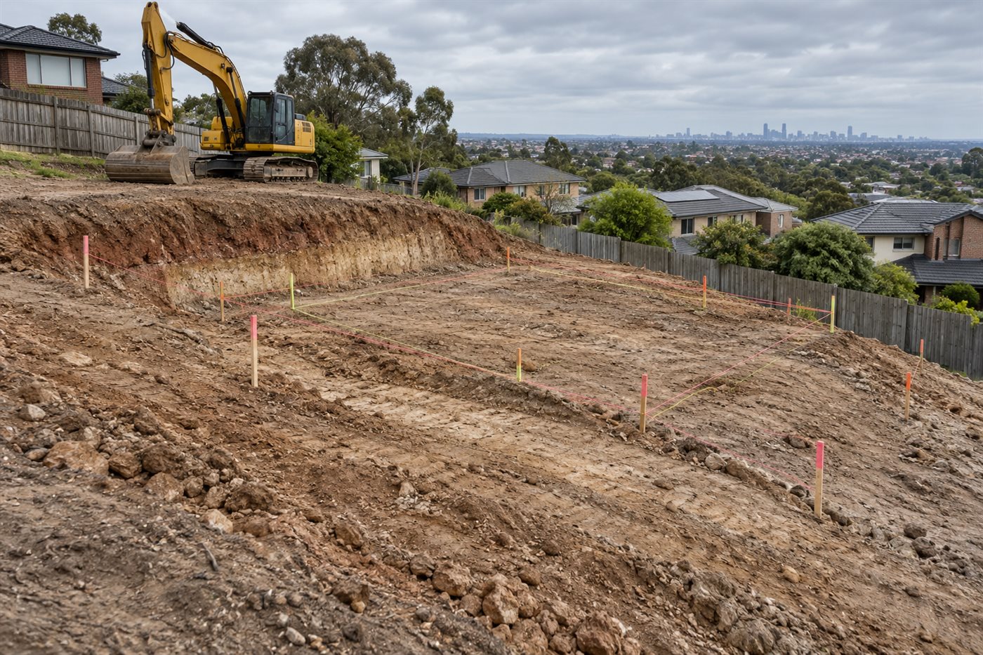 Sloping residential block in Melbourne with survey pegs marking a cut for the house pad.