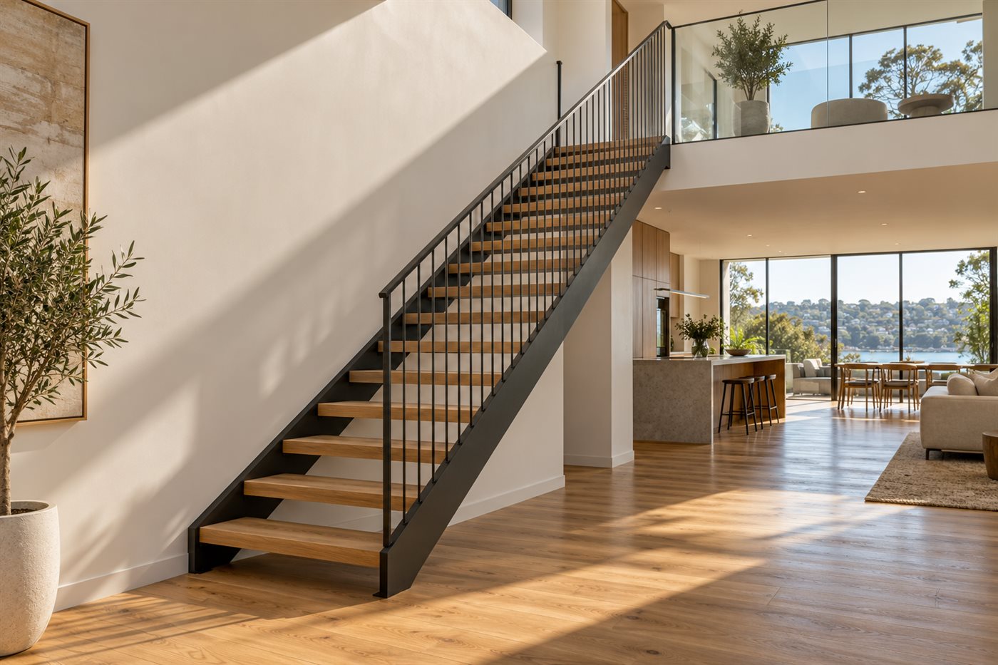 Steel stringer stair with timber treads leading up to a mezzanine landing.