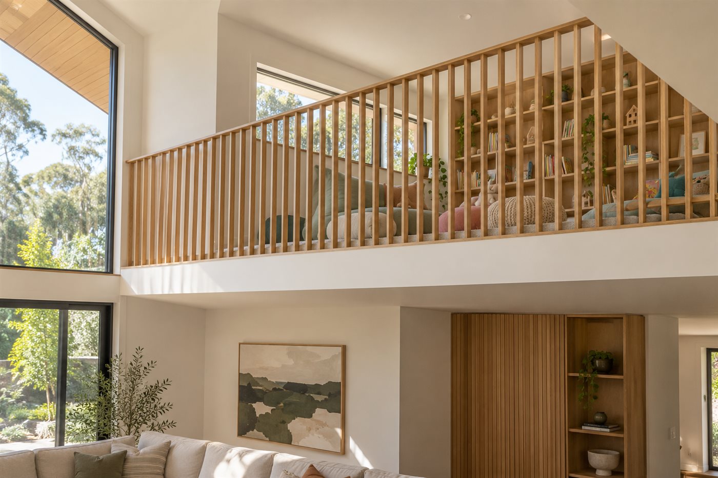 Kids' mezzanine retreat with a vertical timber batten balustrade and built-in shelving.
