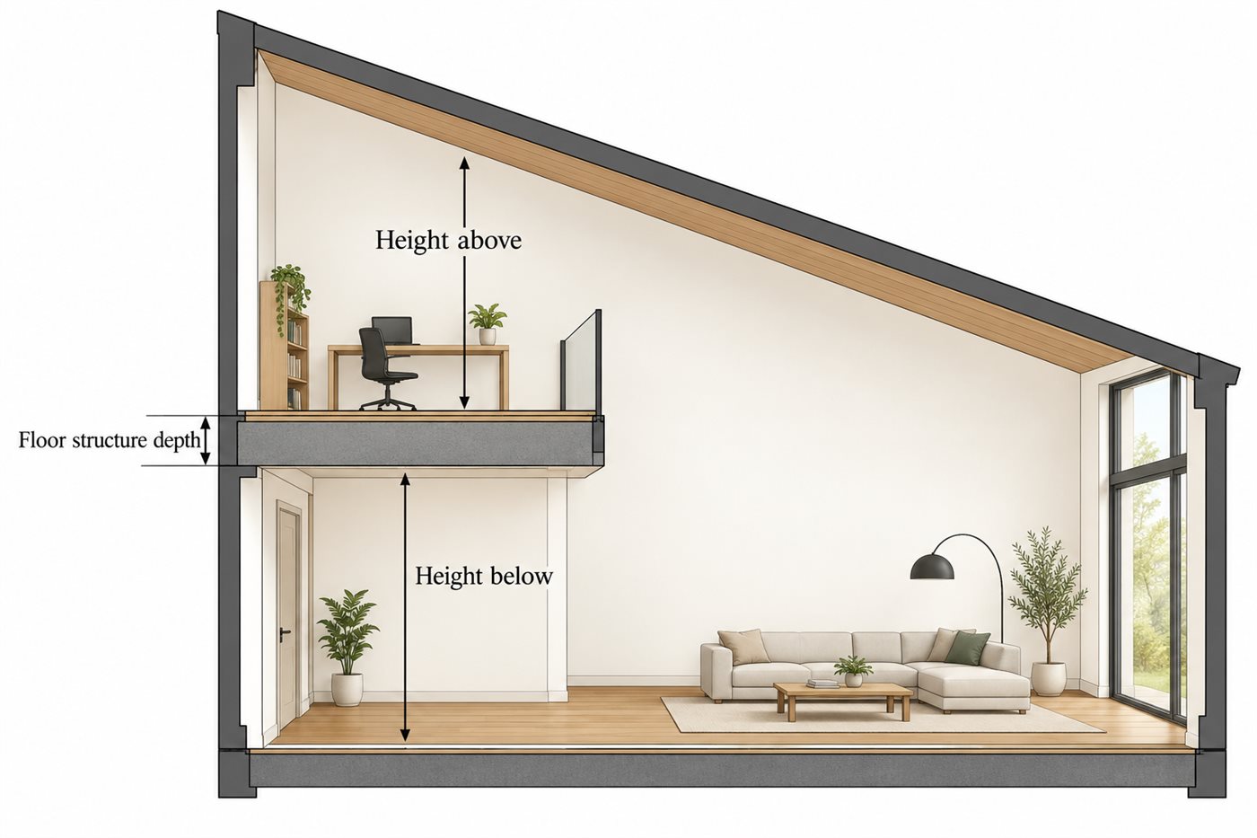 Section diagram of a raked-ceiling room showing a mezzanine, the space below and the floor structure depth.