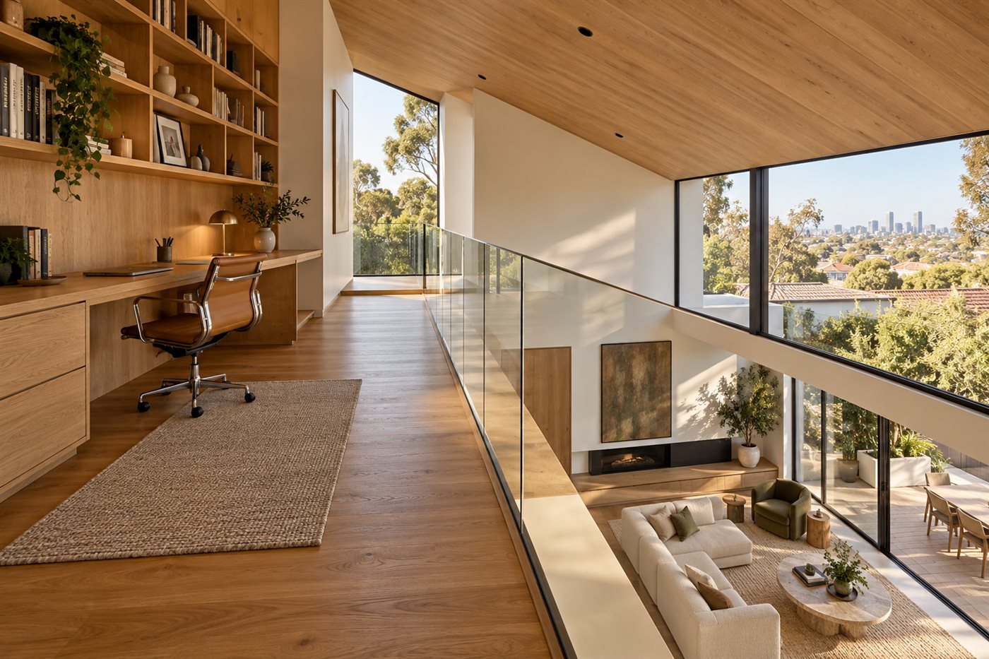 Timber-floored mezzanine study with a frameless glass balustrade overlooking a double-height living room.