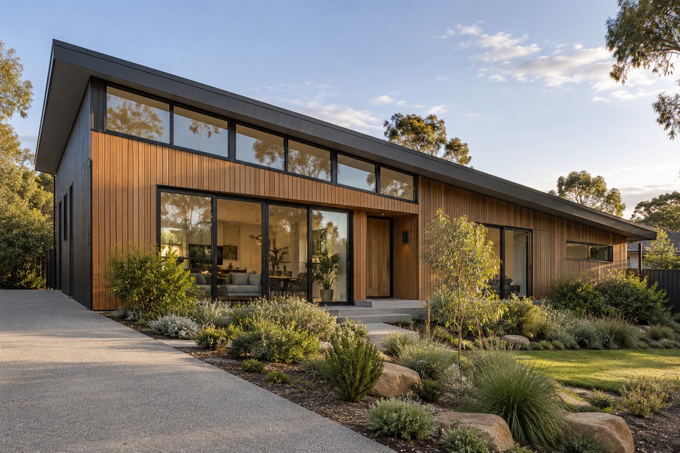 Modern Melbourne home with a dark Colorbond skillion roof, timber cladding and clerestory windows.