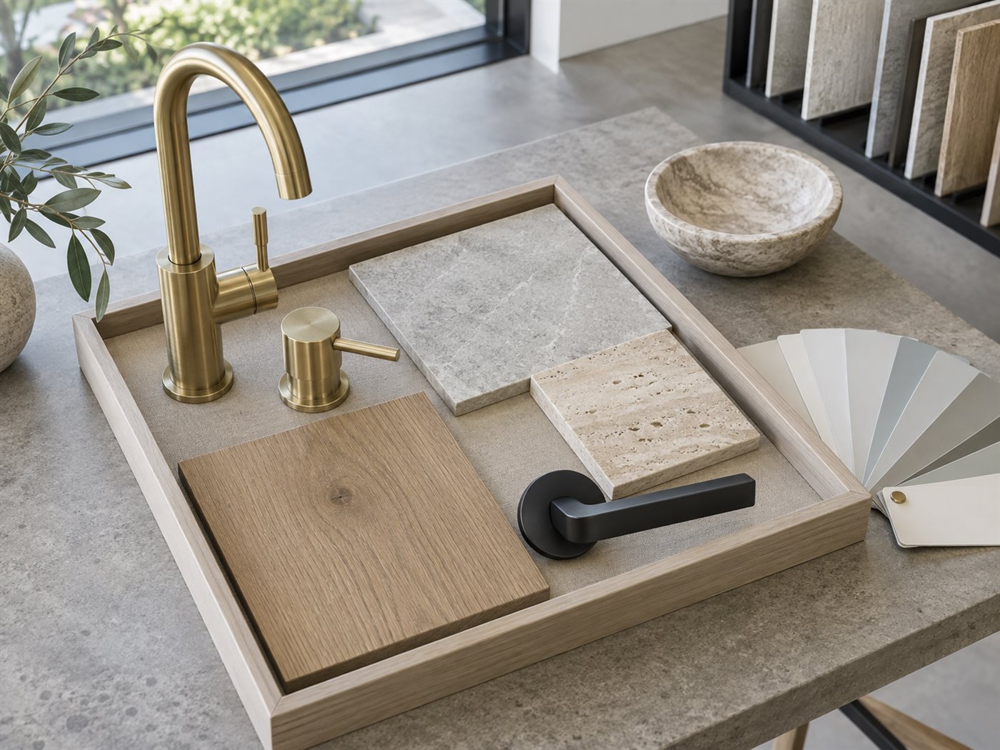 Tapware, stone tile, flooring and hardware samples laid out as prime cost item selections for a custom home